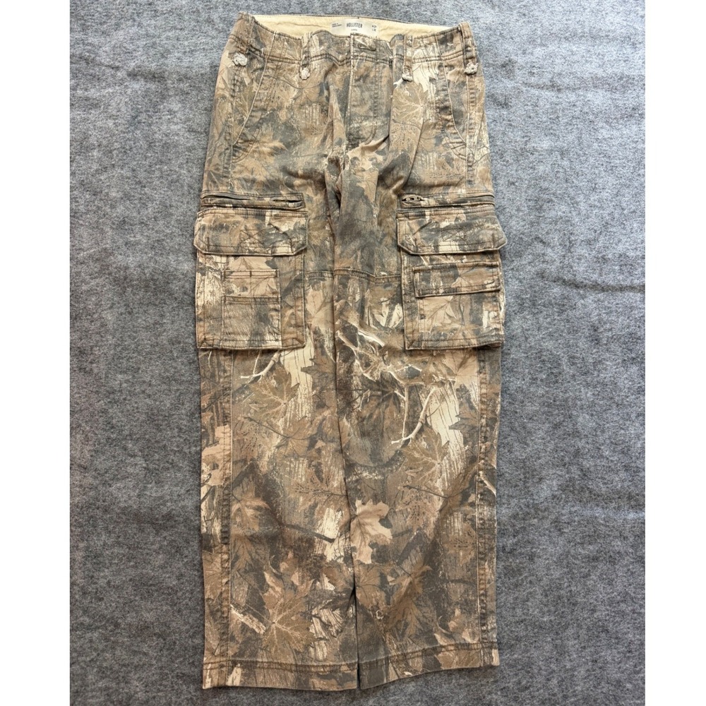 Hollister Mens Loose Baggy Fit Camo Green Cargo Pants 29x30 Brown Leaf Utility